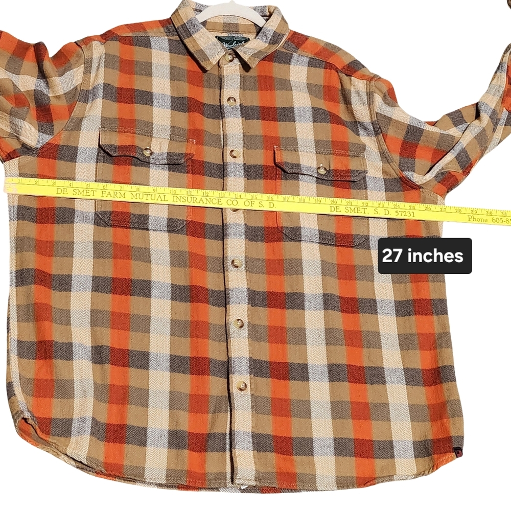 WOOLRICH Flannel Shirt Mens XL Brown Orange Plaid Workwear Heritage Blue Collar - Picture 11 of 11